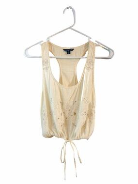 American Eagle Cream Embroidered Drawstring Racerback Crop Tank Top
